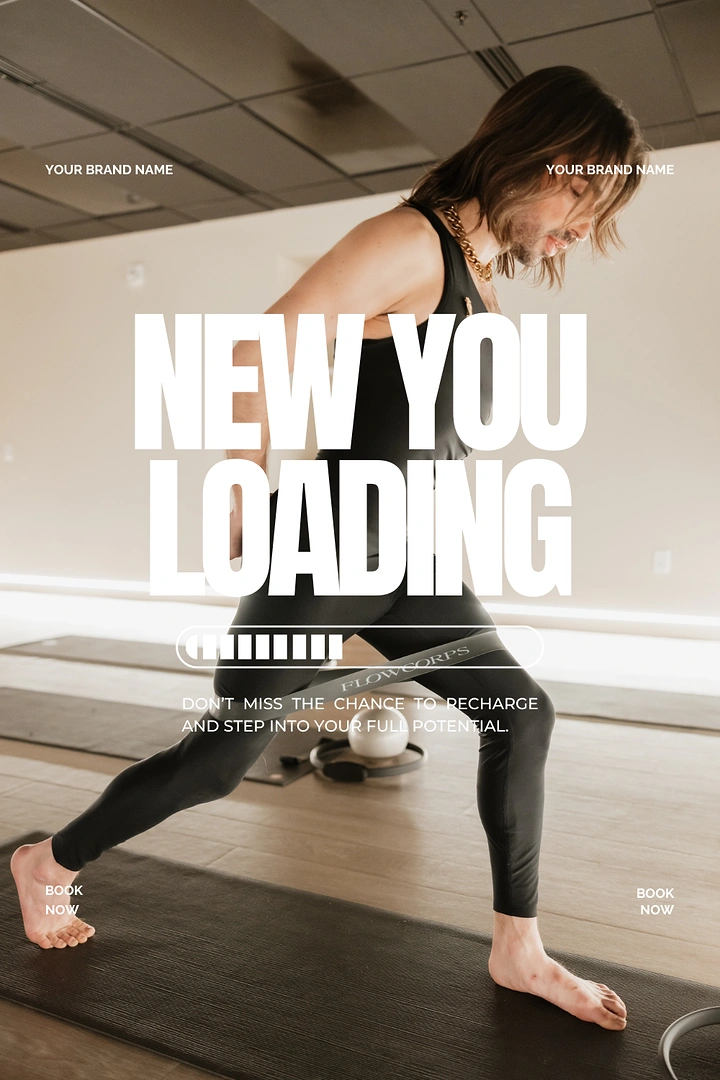 Yoga Studios creative ad: Person in black activewear lunging with a resistance band in a bright studio