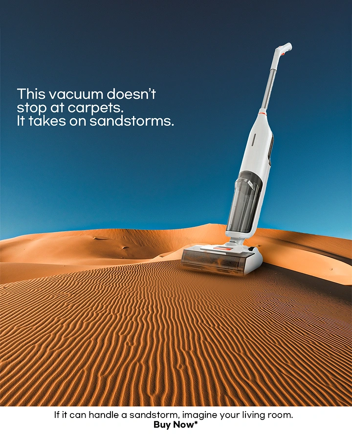 Home Appliances creative ad: Vacuum on desert dunes, sandstorm copy