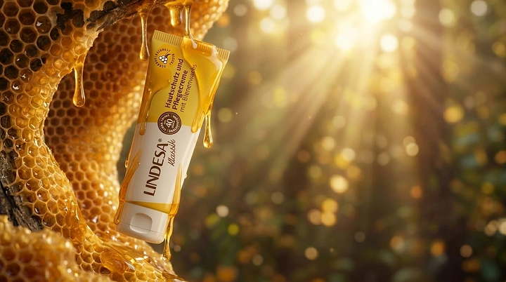 Honey Brands creative ad: Bottle integrated into honeycomb source