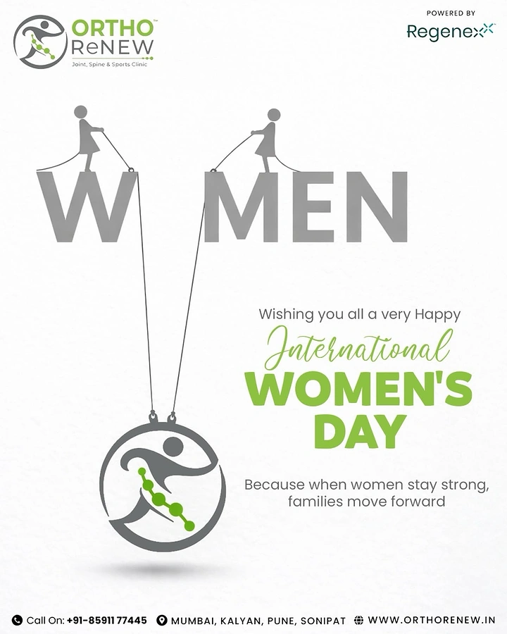 Women's Day creative ad: Two women on the letters of MEN, hoisting the logo up as the missing O