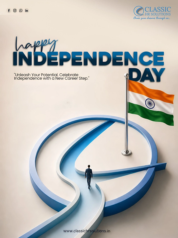 Independence Day creative ad: Businessman walking along a 3D blue logo-shaped path toward an Indian flag
