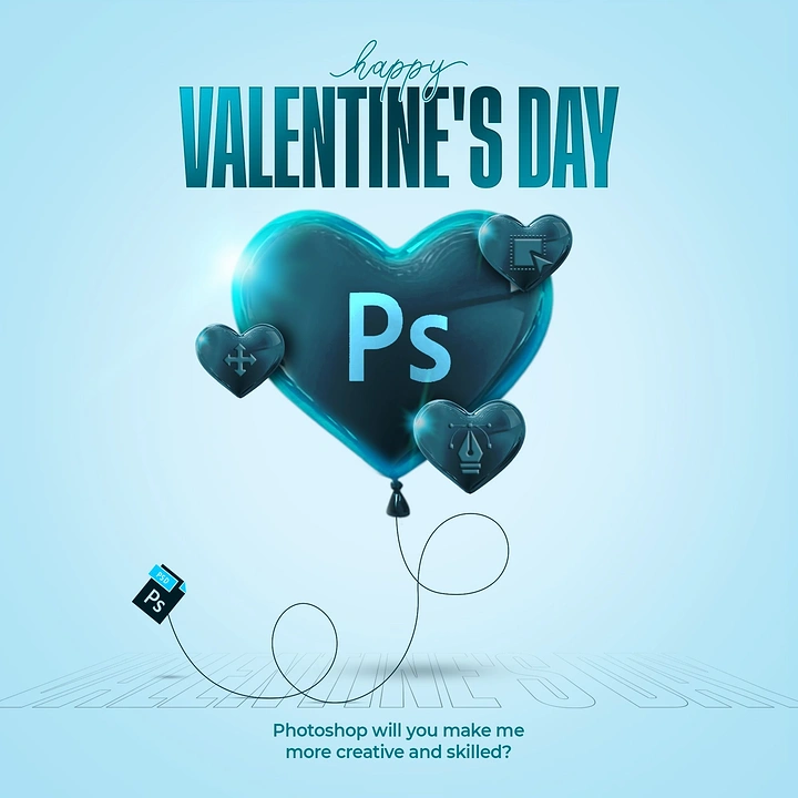 Valentine's Day creative ad: Glossy dark teal heart balloon with the app logo, tied by a string to a PSD file icon