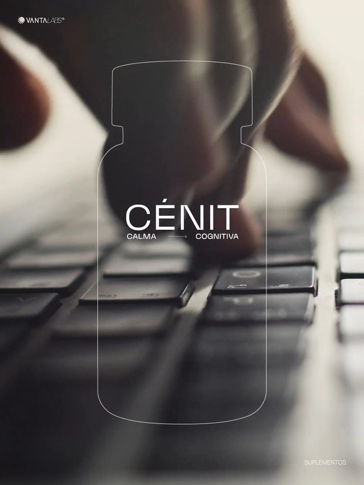 Supplements & Protein creative ad: Blurred hand typing on a laptop keyboard framed by a thin white bottle outline