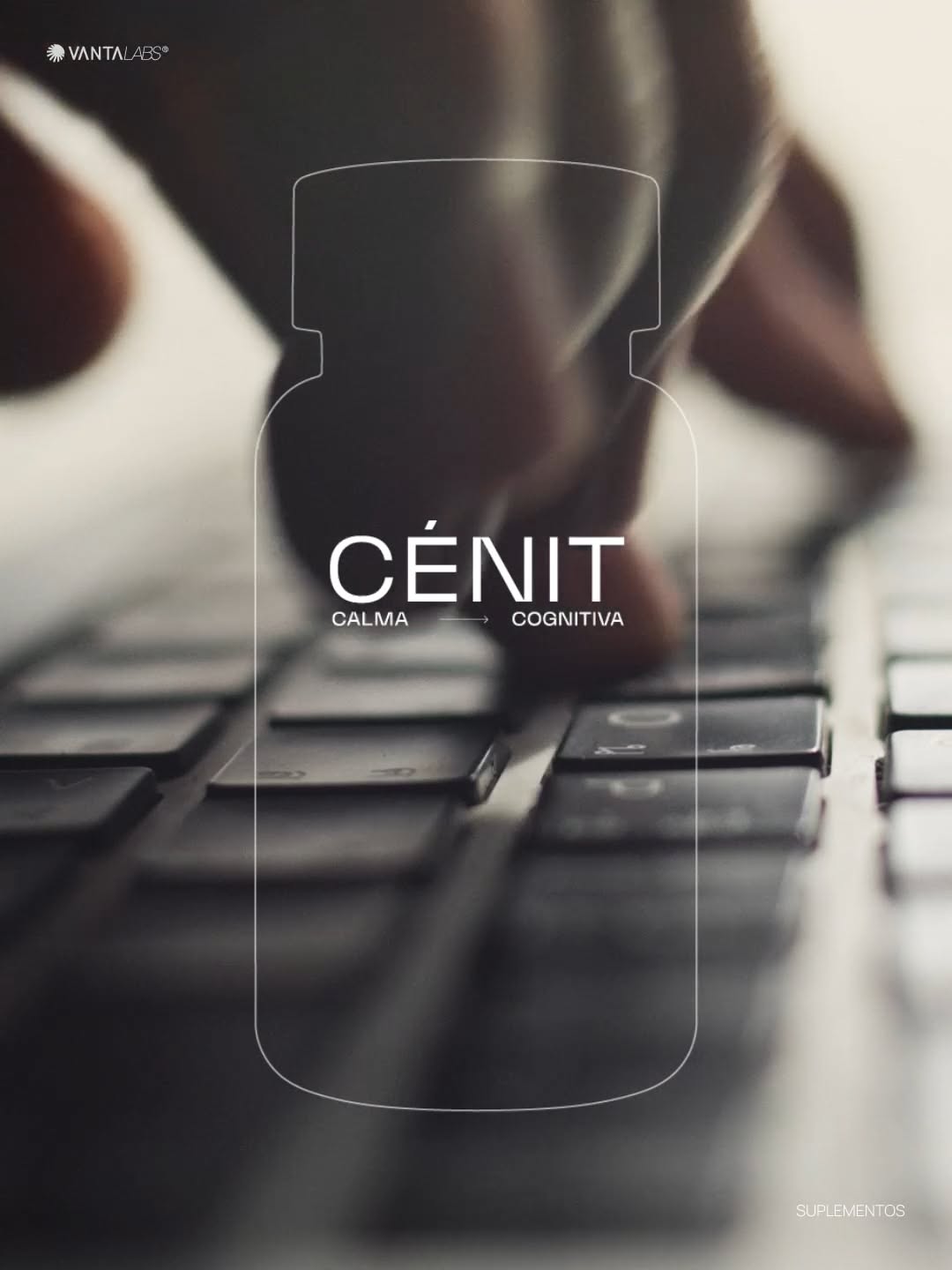 Instagram post: Blurred hand typing on a laptop keyboard framed by a thin white bottle outline