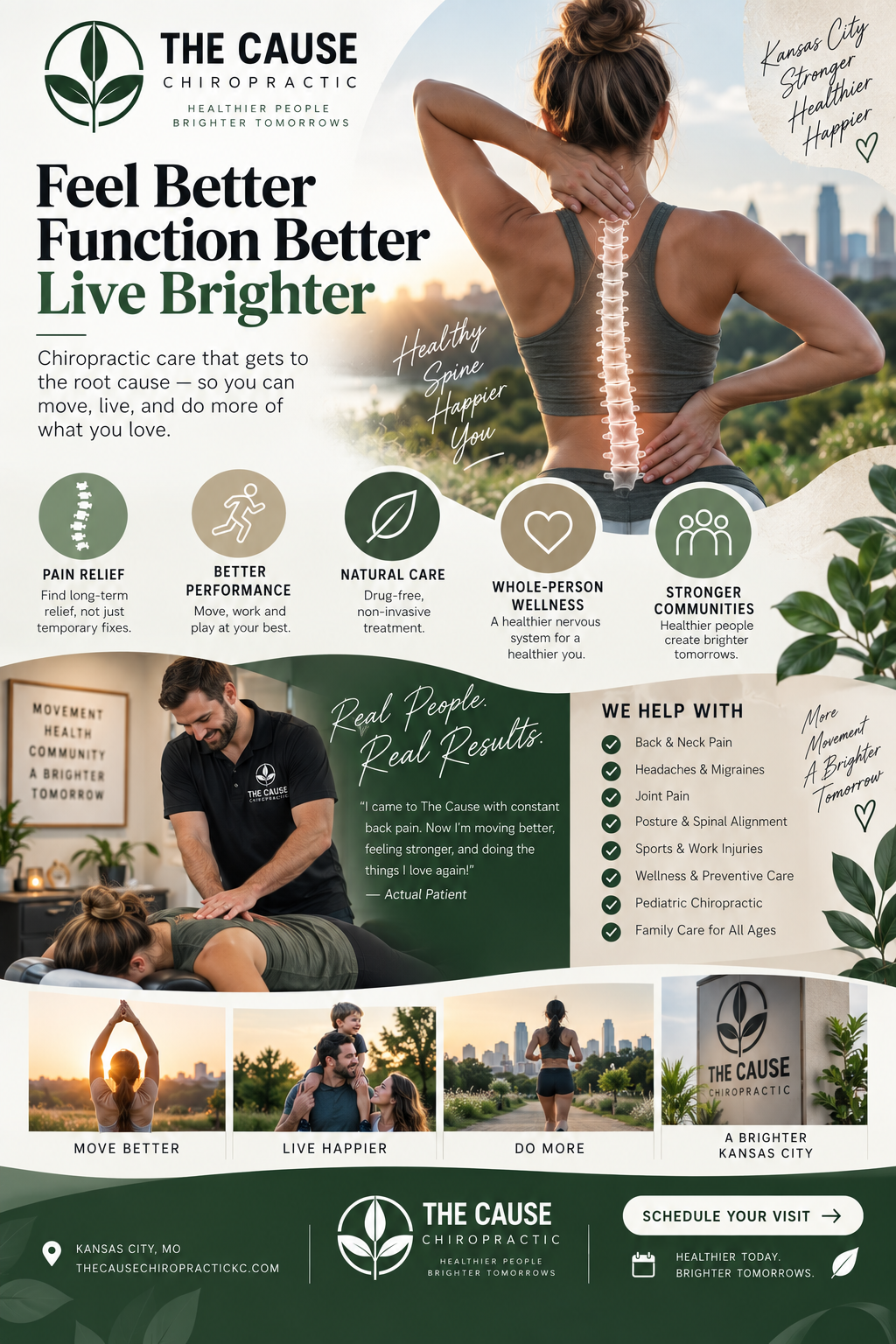 Poster: Chiropractic wellness campaign featuring a woman holding her lower back outdoors