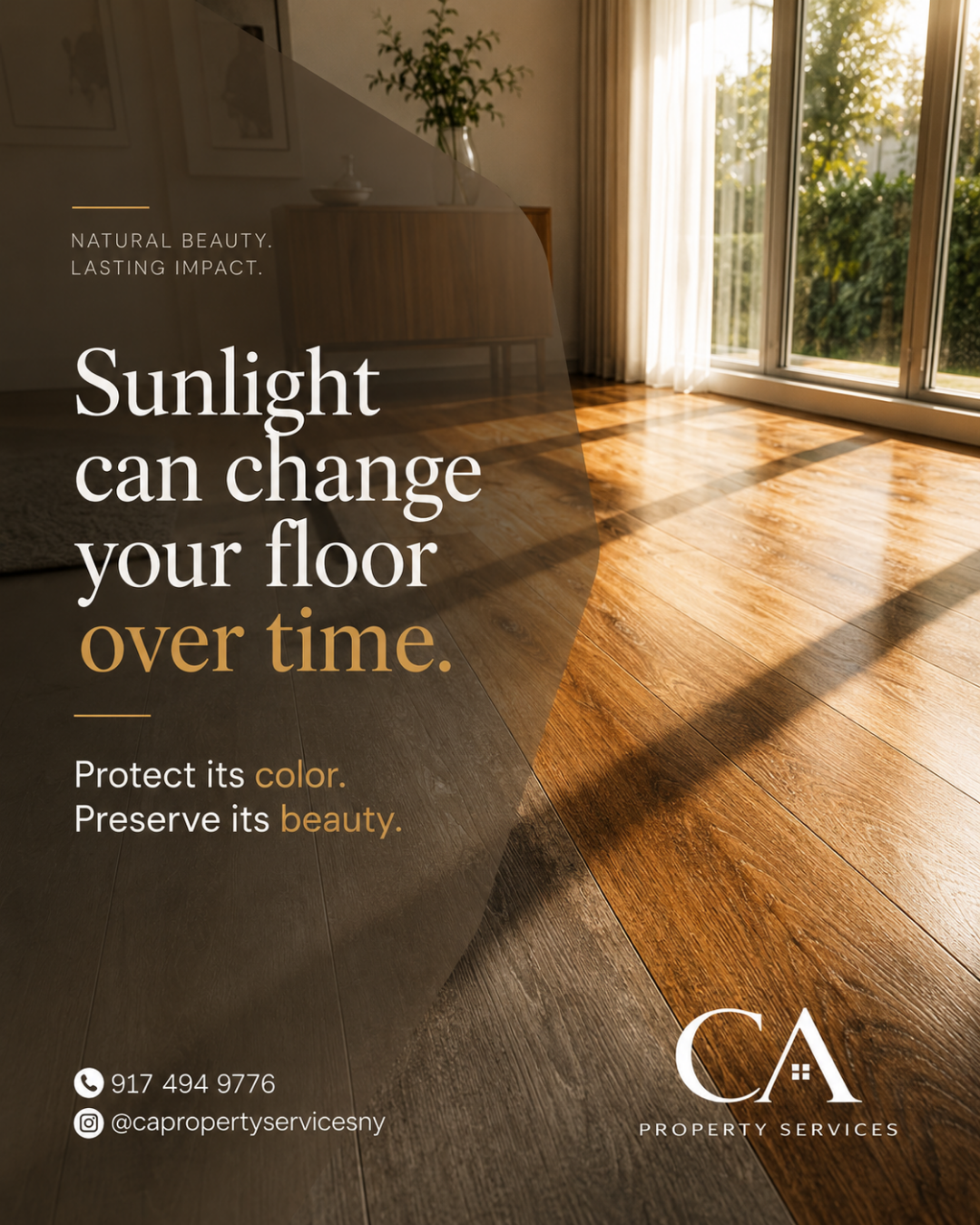 Instagram post: Golden sunlight streaming across a glossy hardwood floor in a living room