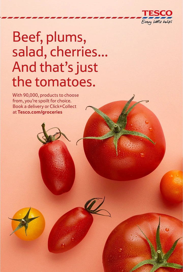Grocery Stores & Supermarkets creative ad: Top-down varieties of dewy tomatoes on a peach background