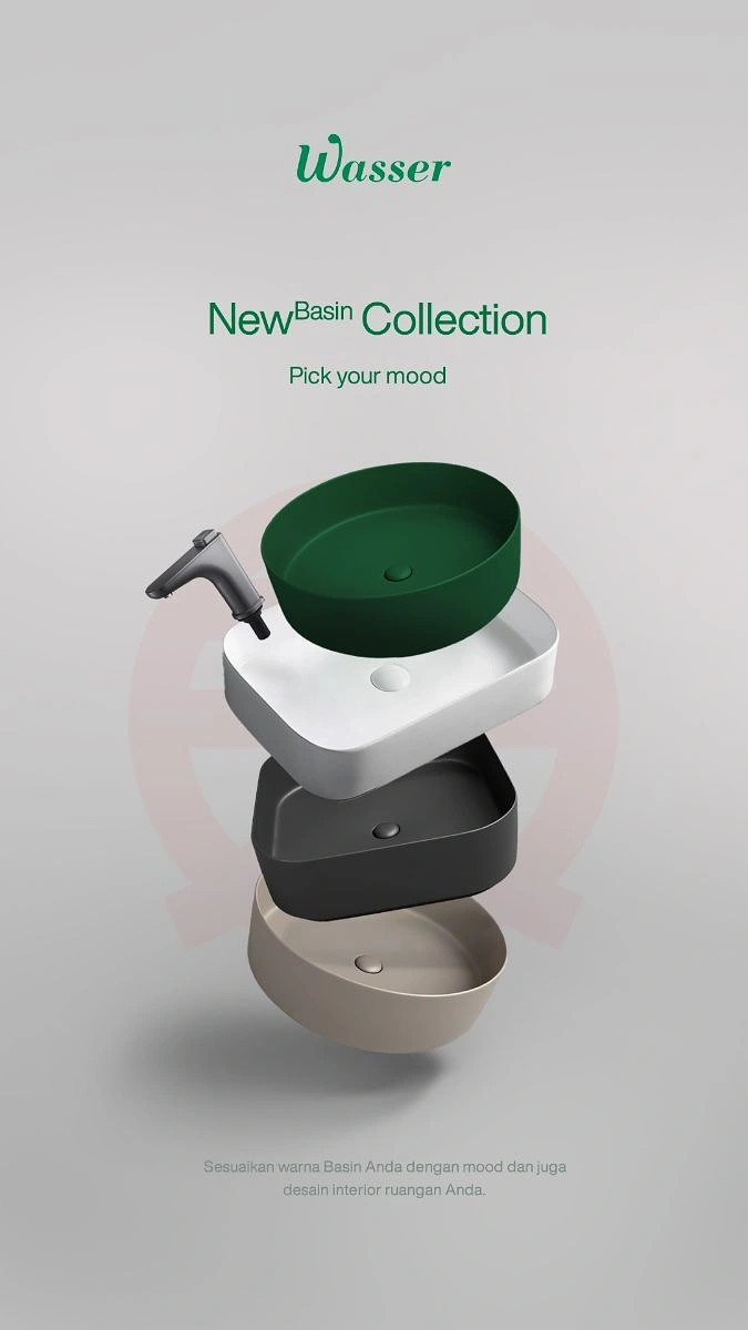 Plumbers creative ad: Exploded stacked basins, minimal product art