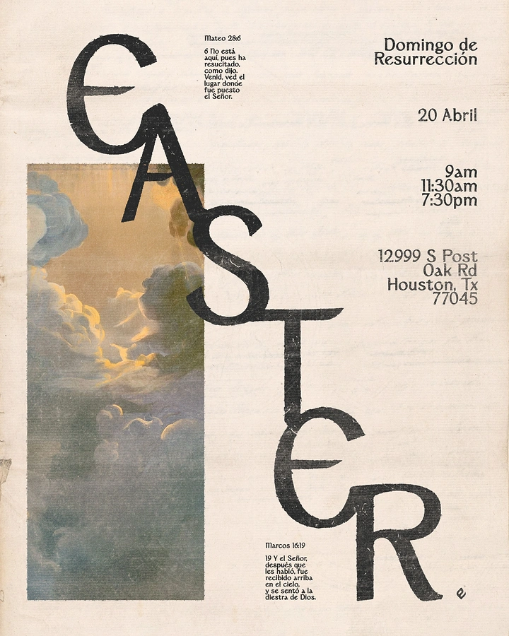 Easter creative ad: Oversized staggered EASTER letterforms over painted cloud panel
