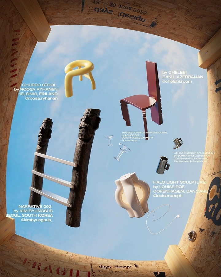 Events & Nightlife creative ad: Designer furniture objects floating in the sky, viewed from inside a shipping crate