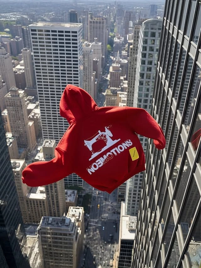 Print-on-Demand & Merch creative ad: Red hoodie flying mid-air between skyscrapers