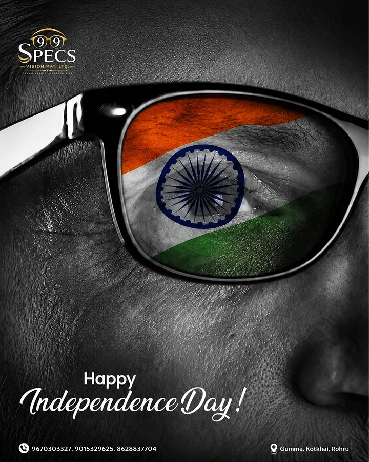 Independence Day creative ad: Monochrome close-up of an eye behind glasses with a tricolour flag in the lens