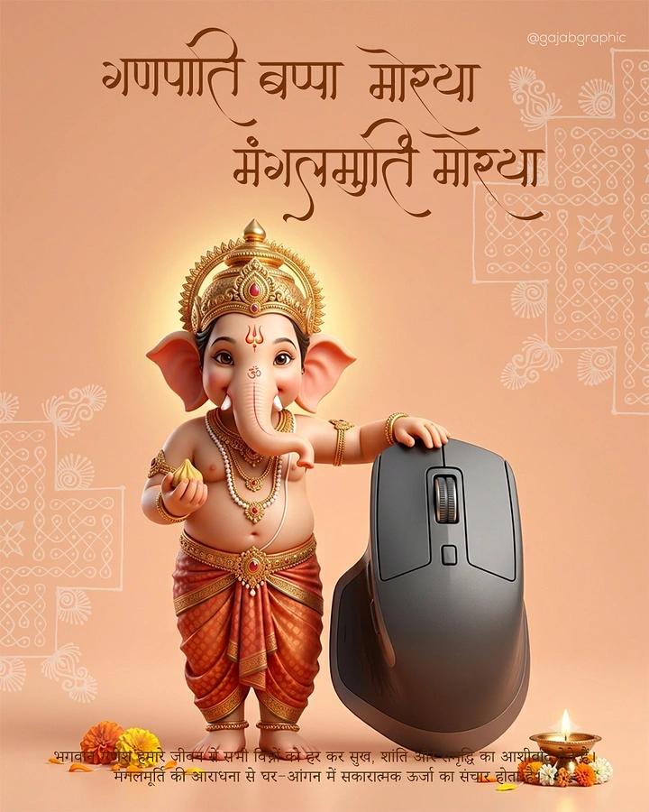 Ganesh Chaturthi creative ad: 3D child Ganesha leaning on an oversized computer mouse