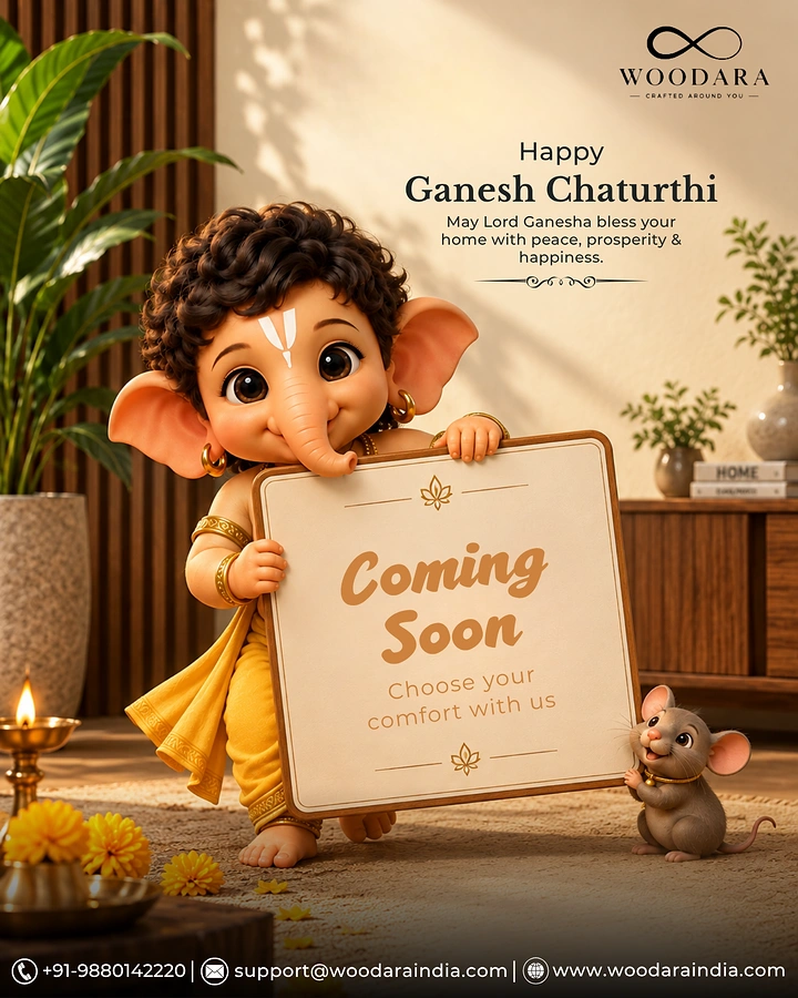 Ganesh Chaturthi creative ad: 3D cartoon baby Ganesha holding a Coming Soon sign