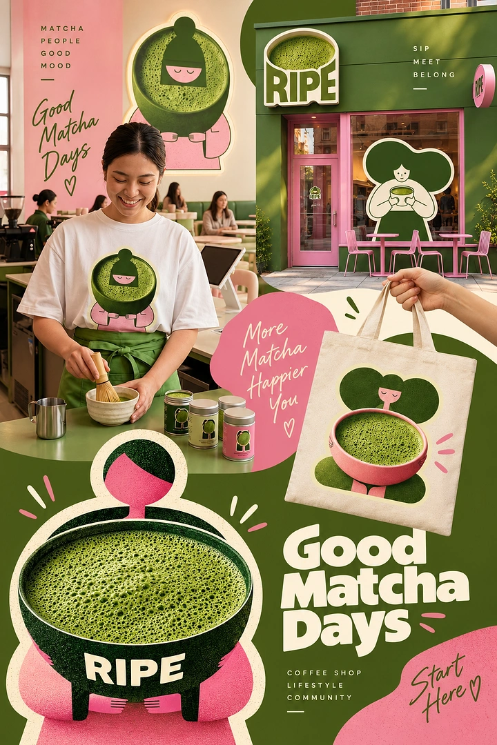 Tea & Chai Brands creative ad: Playful matcha brand identity collage