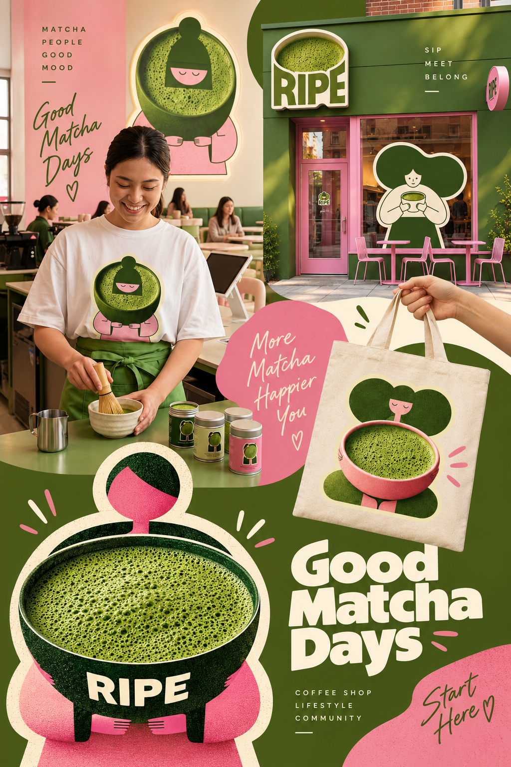 Story: Playful matcha brand identity collage