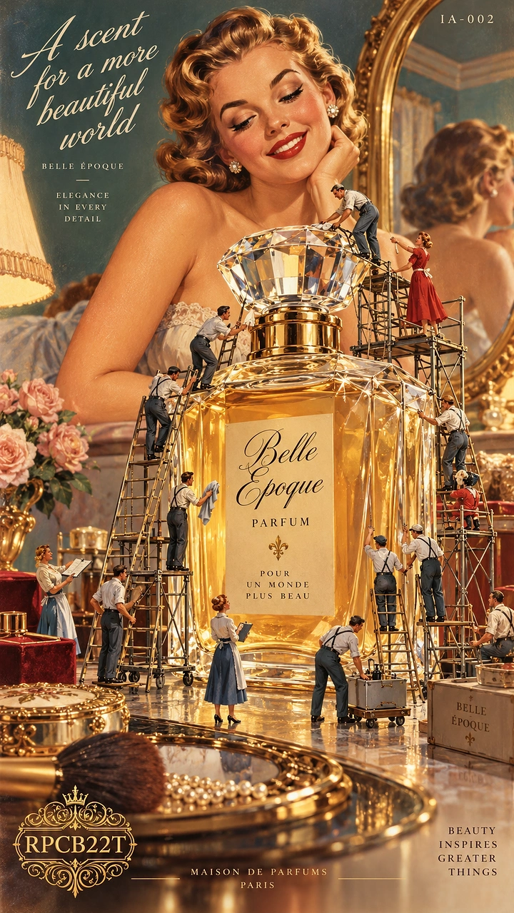 Beauty & Salon creative ad: Giant golden perfume bottle polished by miniature workers in front of a vintage glamour woman