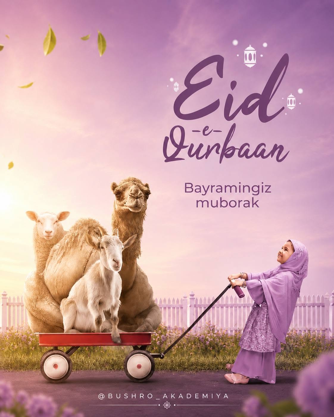 Girl in hijab pulling wagon with camel, sheep and goat
