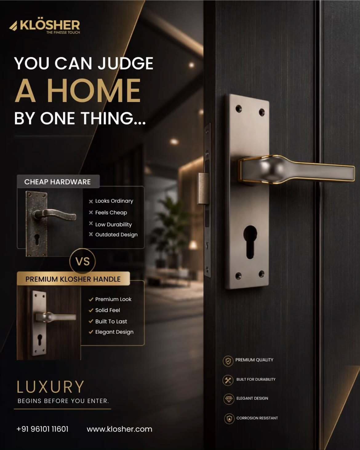 Poster: A premium rectangular door handle mounted on a dark wooden door