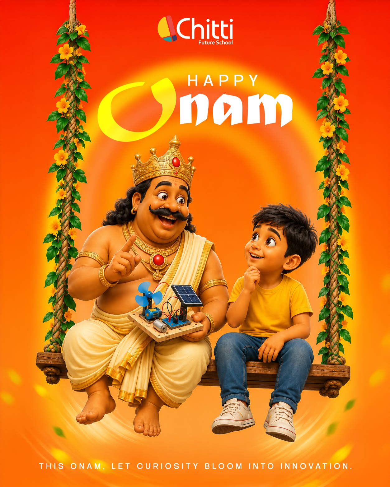 Mahabali on a swing showing a science kit to a boy
