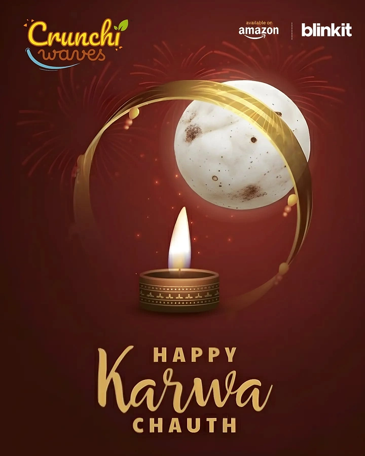 Karwa Chauth creative ad: Snack styled as full moon with gold ribbon ring and lit diya