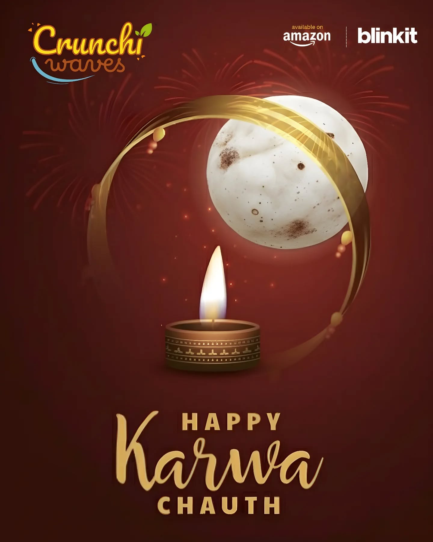 Snack styled as full moon with gold ribbon ring and lit diya