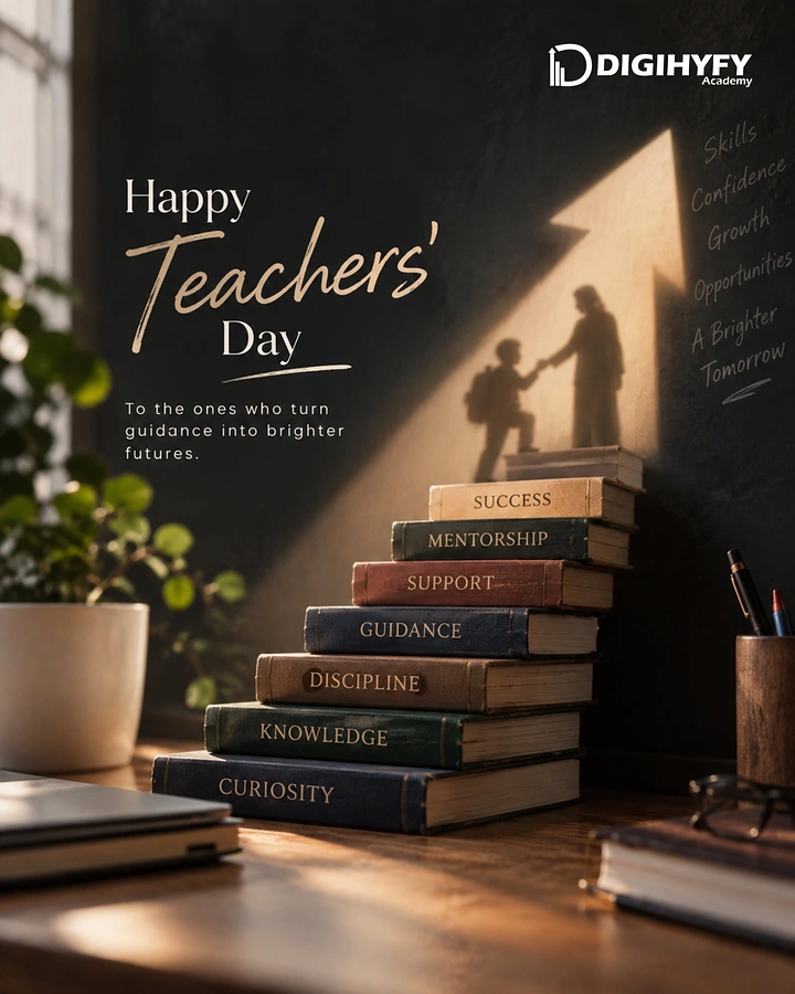 Teachers Day creative ad: Book staircase with shadow of teacher helping a student climb