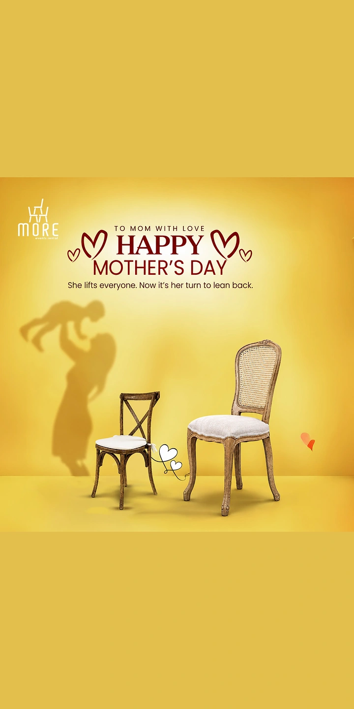 Mother's Day creative ad: Small and large wooden chairs with a mother-lifting-child shadow