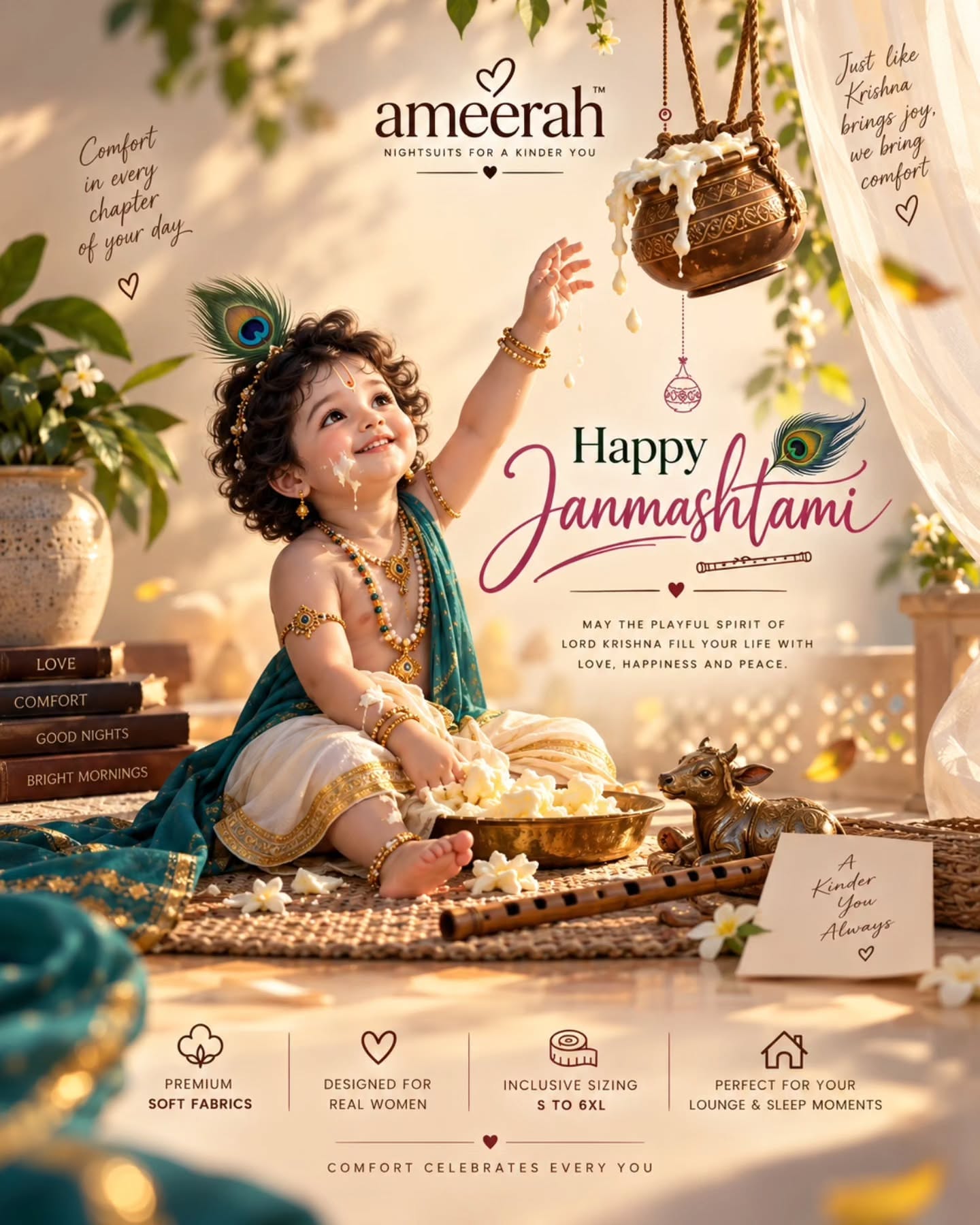 Toddler dressed as Krishna reaching for a butter pot