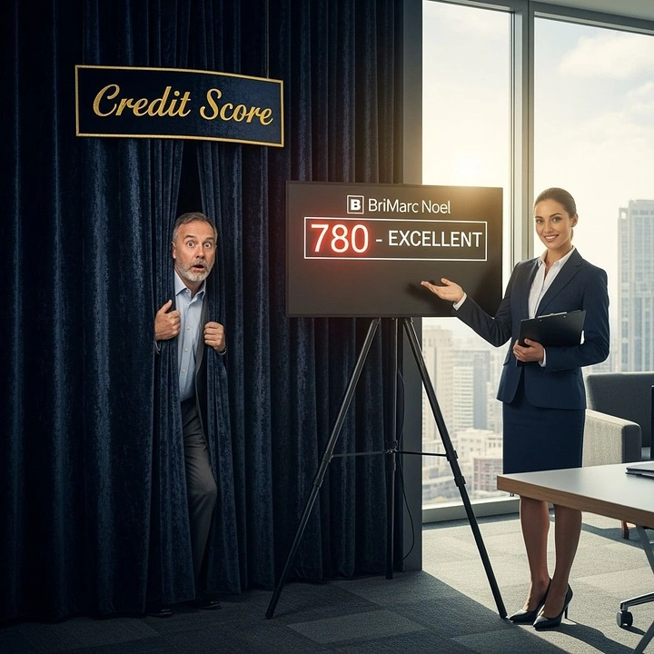 Credit Repair & Credit Score Services creative ad: Credit-score reveal staged like theater
