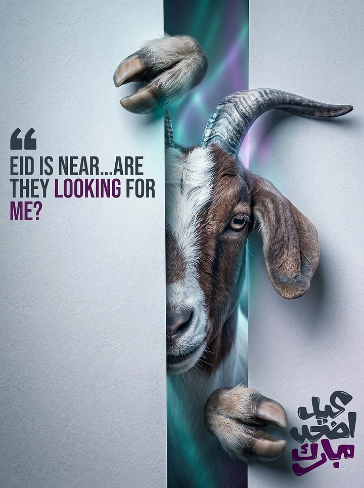Eid creative ad: Goat peeking out through a vertical paper slit