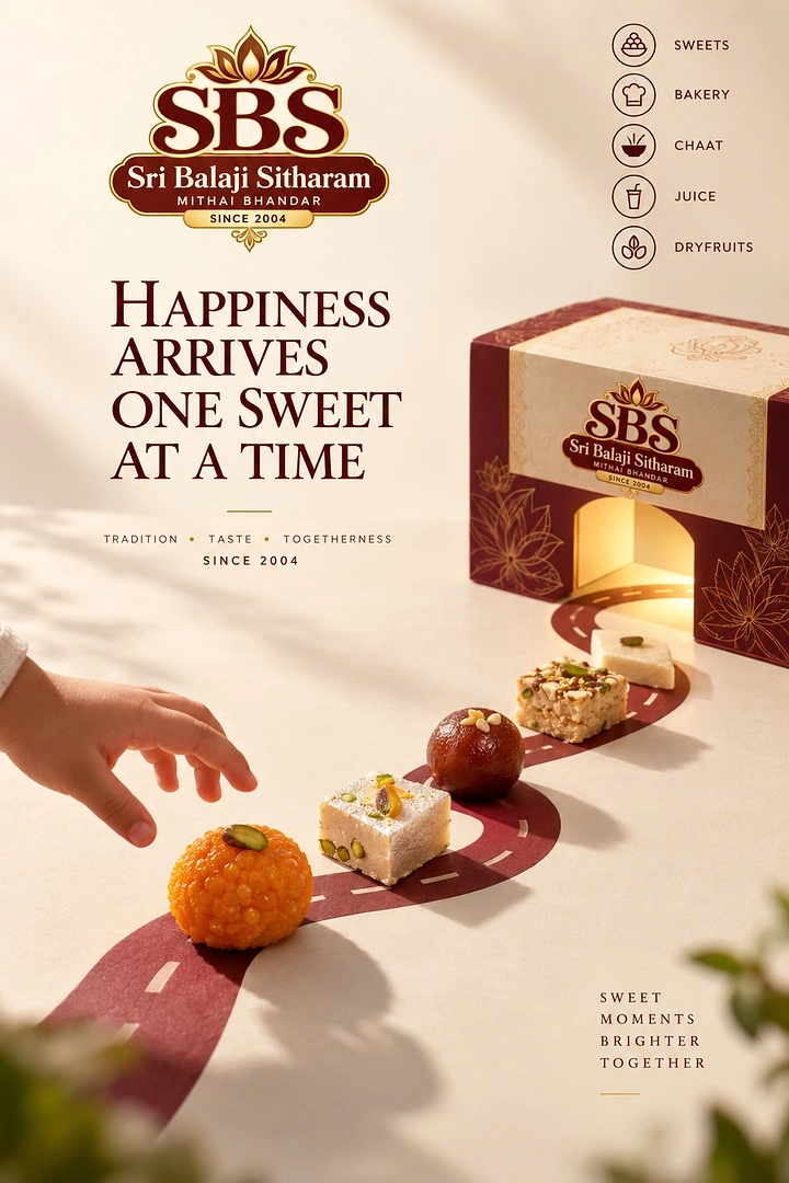Diwali creative ad: A branded sweets box with assorted Indian sweets arranged along a winding path of light