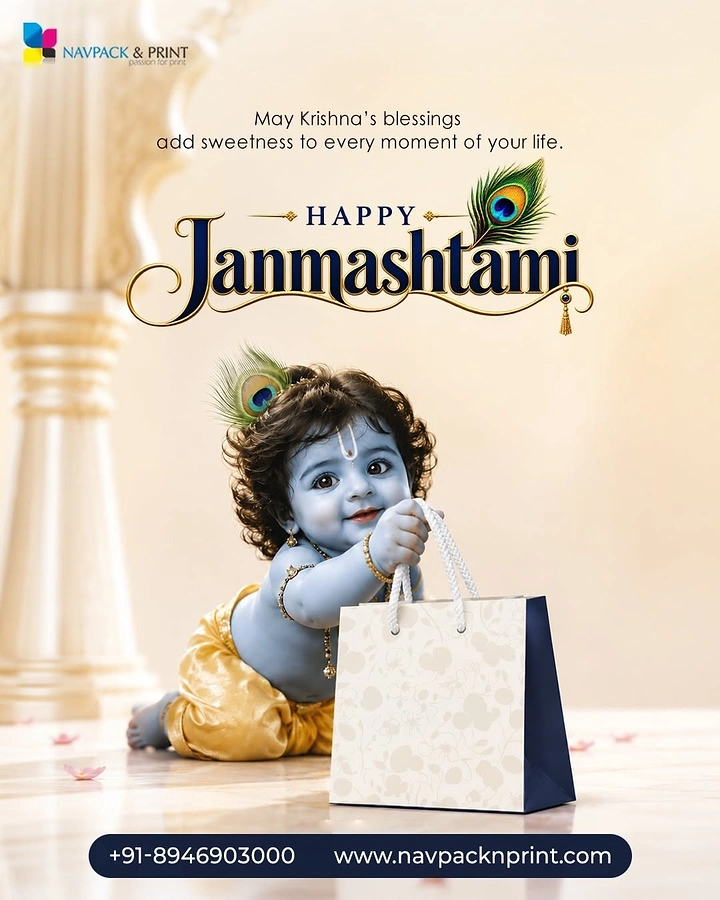 Janmashtami creative ad: Baby Krishna holding a printed paper bag