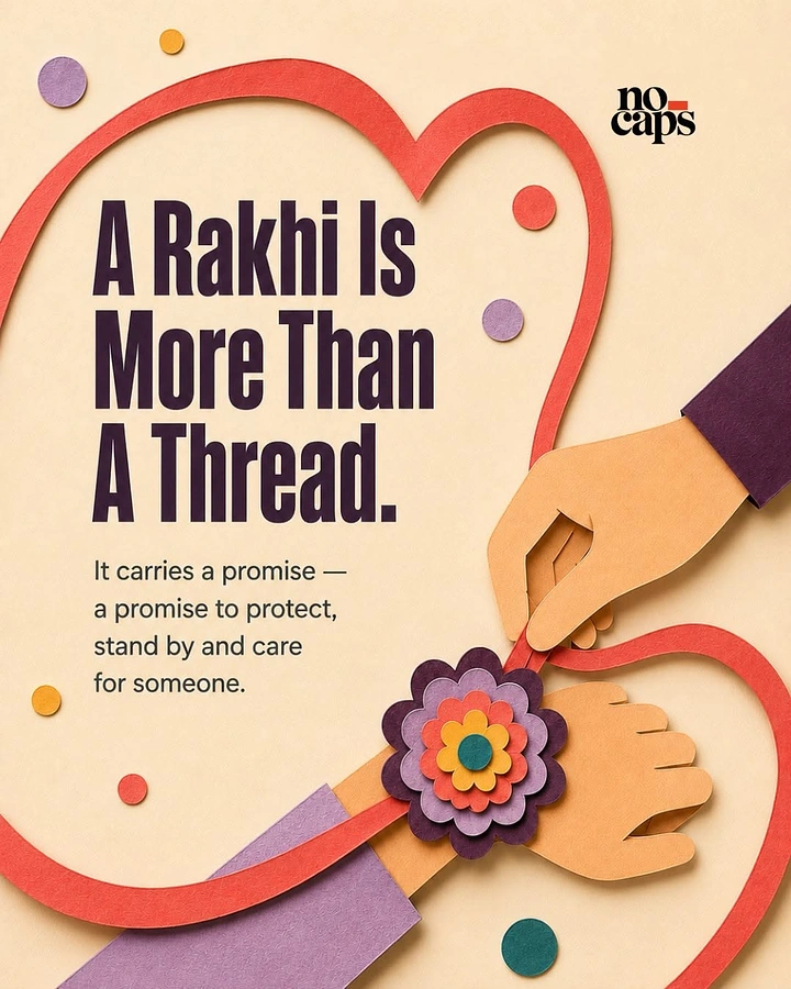 Raksha Bandhan creative ad: Paper-cut hands tying a flower rakhi with a heart-shaped red thread