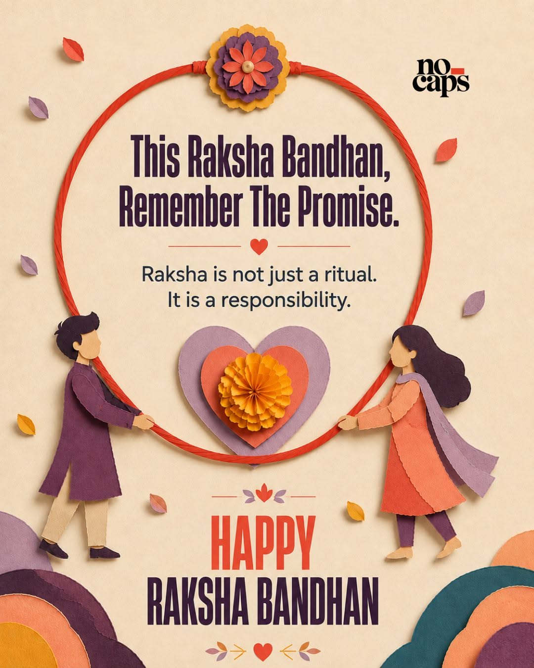 Paper-cut hands tying a flower rakhi with a heart-shaped red thread