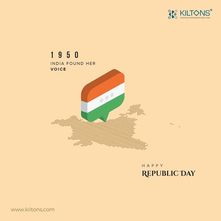 Republic Day creative ad: Isometric tricolour speech bubble over a dotted India map