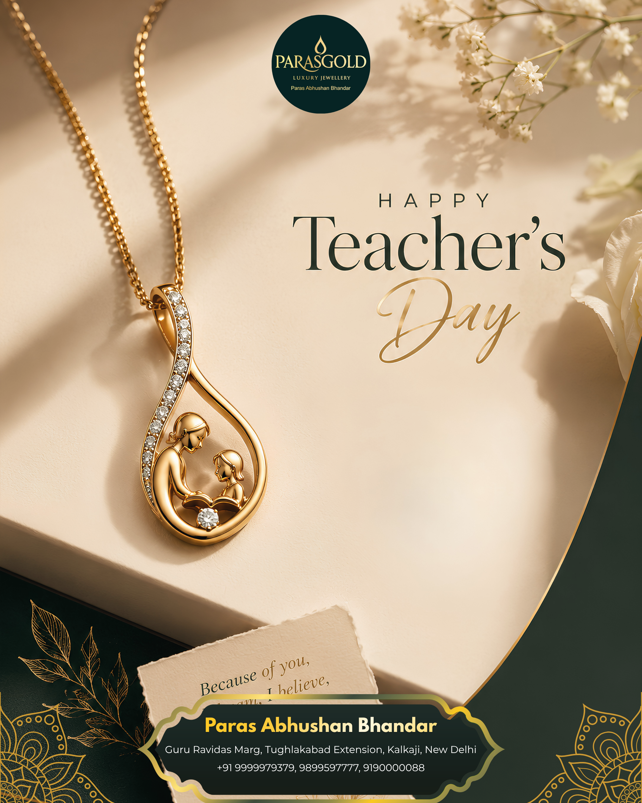 Teachers Day Instagram post: Gold teardrop pendant showing teacher and child with a book