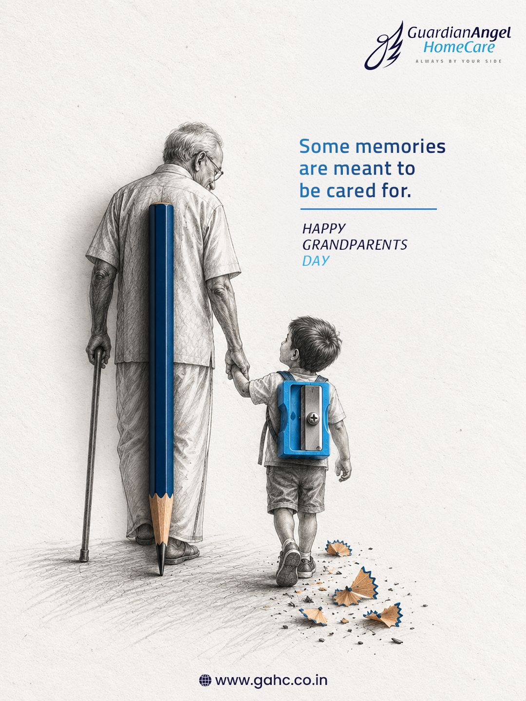 other-festival Instagram post: Pencil-sketched grandfather holding a child's hand, rendered as pencil and sharpener