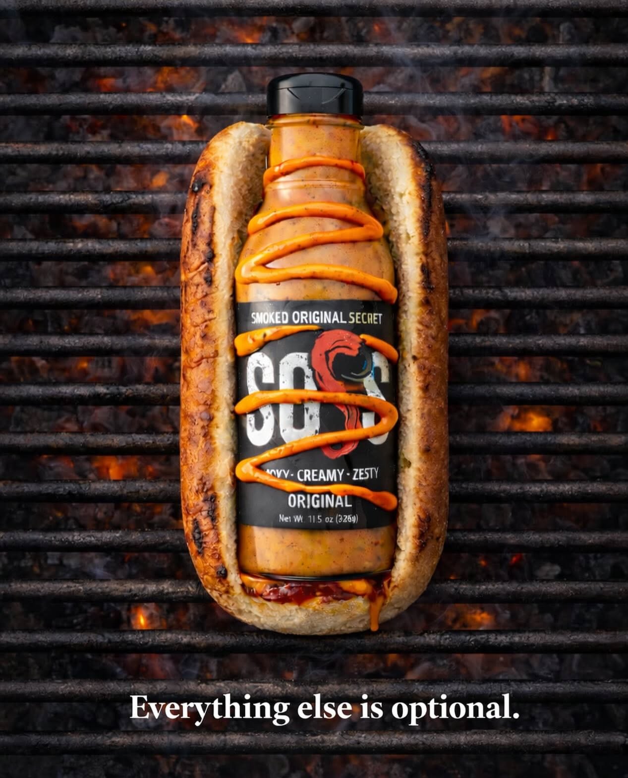 Instagram post: Sauce bottle placed in a grilled hot dog bun like a sausage