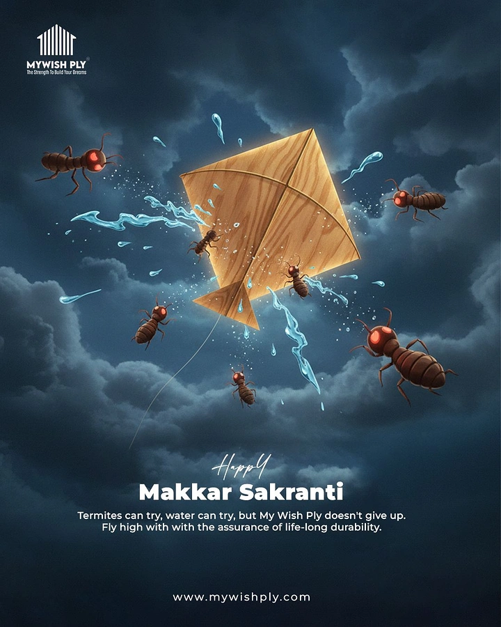 Makar Sankranti creative ad: Plywood-textured kite fighting off termites and water splashes in a stormy sky