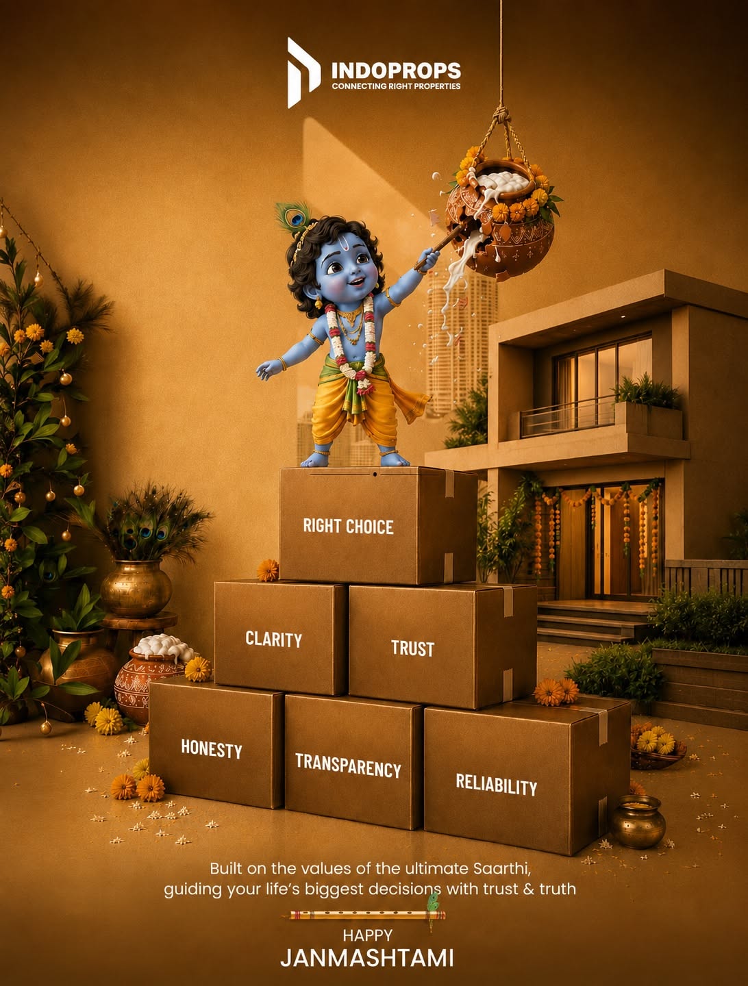 Baby Krishna on a pyramid of stacked boxes breaking a dahi handi