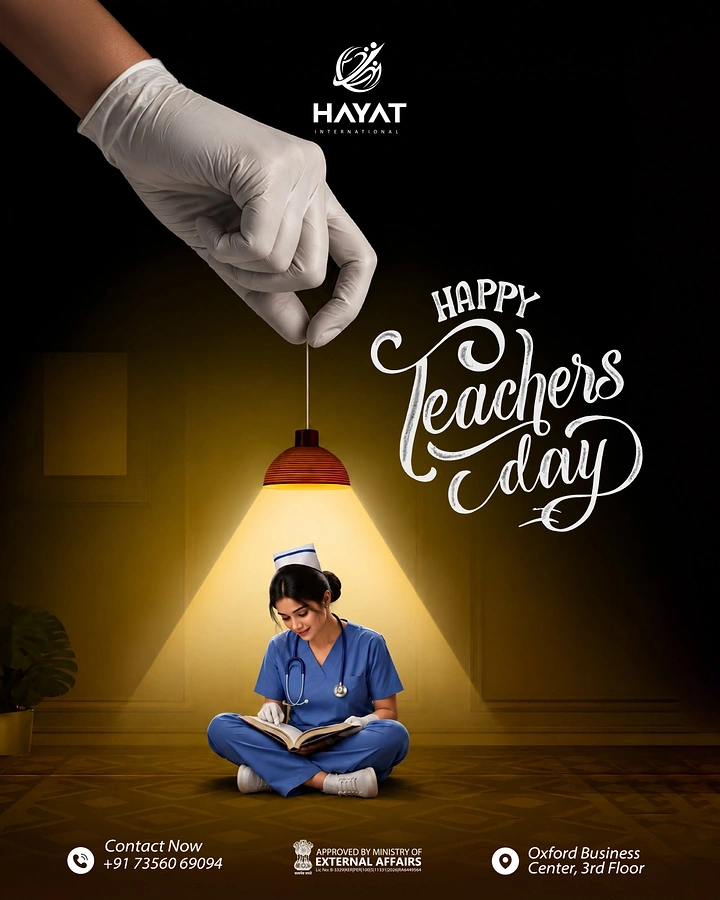 Teachers Day creative ad: Giant gloved hand holding a pendant lamp over a nurse reading