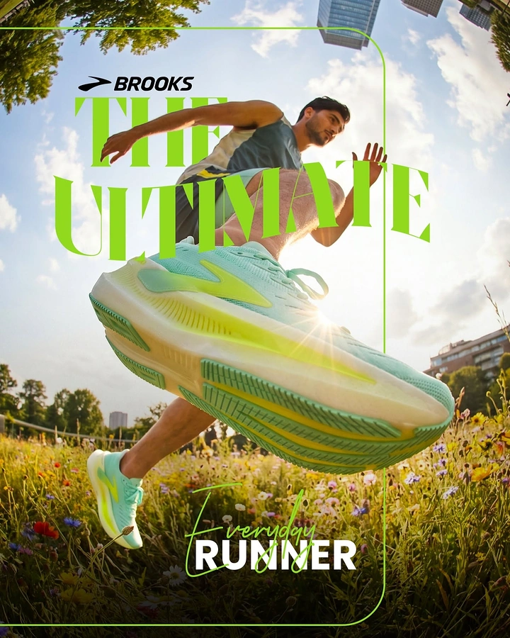 Creative ad: Runner mid-stride with oversized mint-and-lime running shoe thrust toward camera