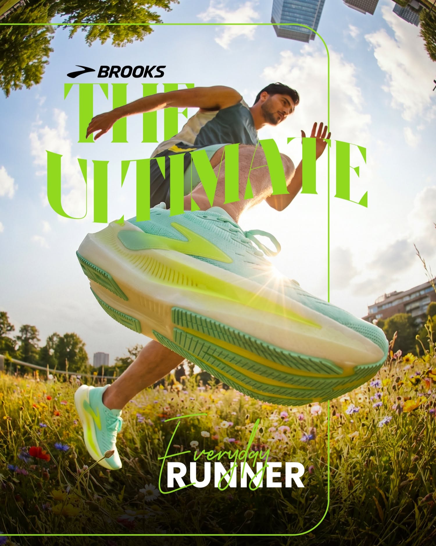 Carousel: Runner mid-stride with oversized mint-and-lime running shoe thrust toward camera, slide 1
