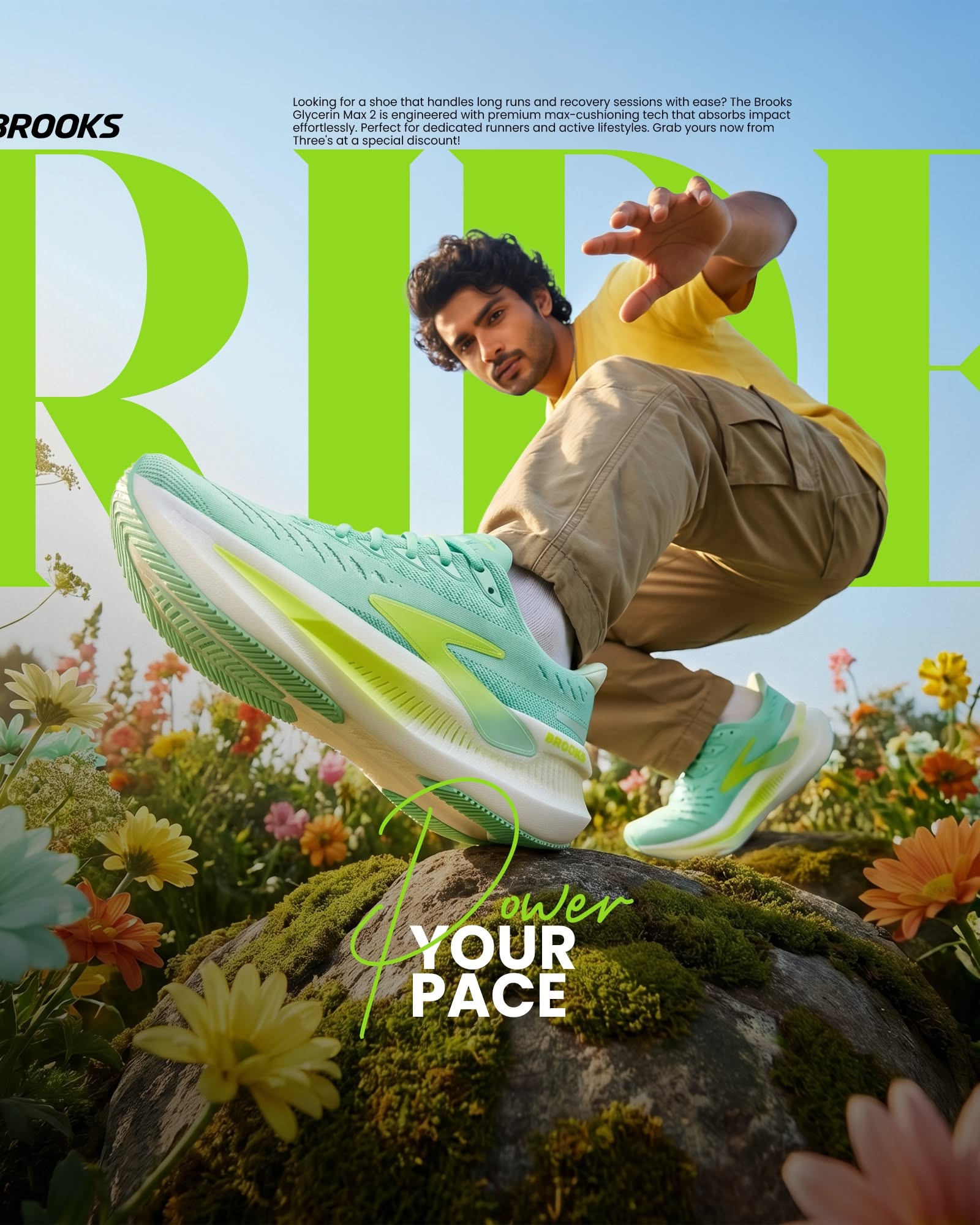 Carousel: Runner mid-stride with oversized mint-and-lime running shoe thrust toward camera, slide 3