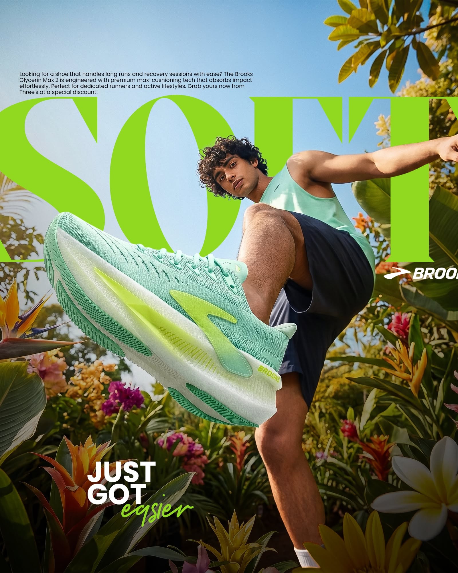 Carousel: Runner mid-stride with oversized mint-and-lime running shoe thrust toward camera, slide 4