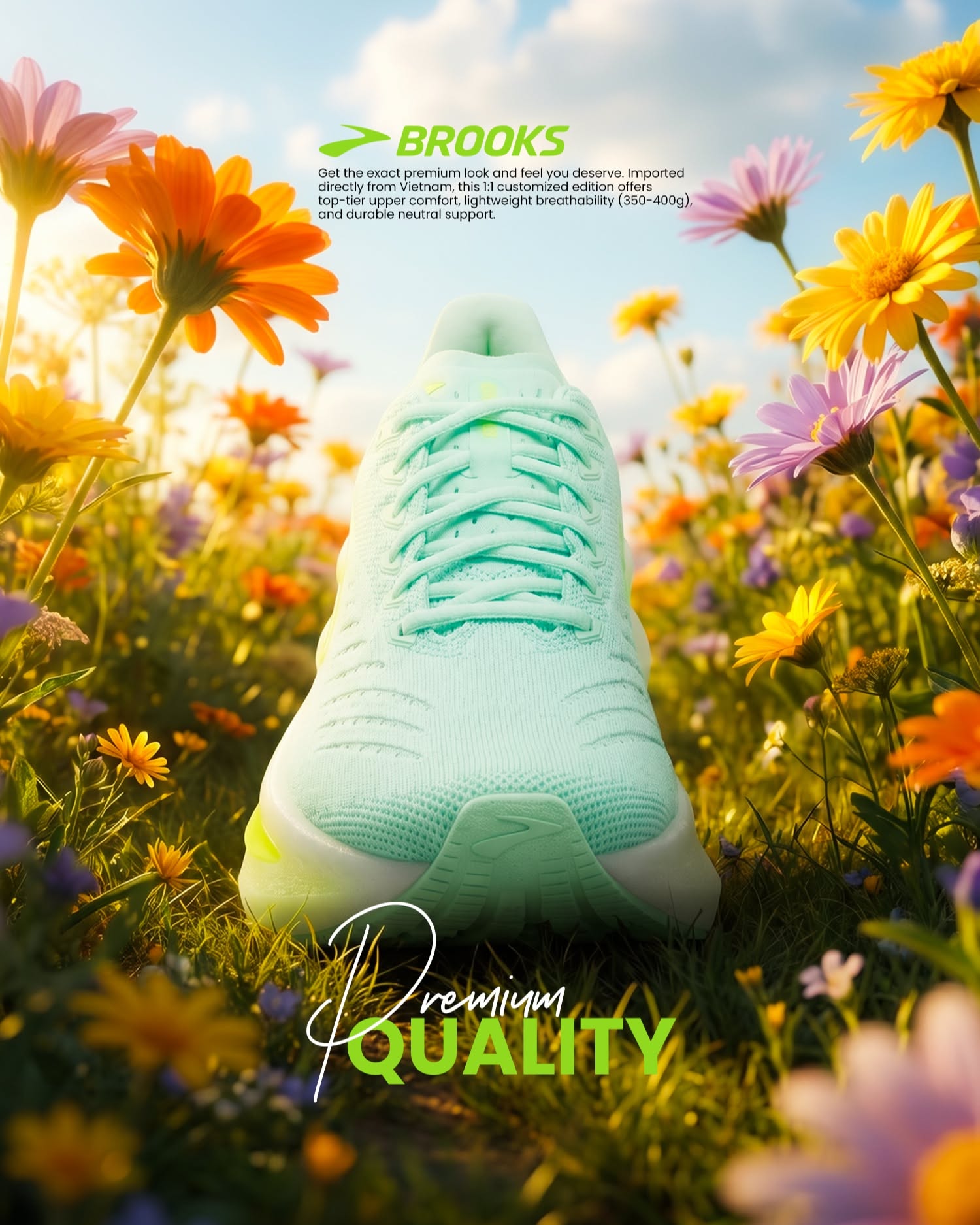 Carousel: Runner mid-stride with oversized mint-and-lime running shoe thrust toward camera, slide 5