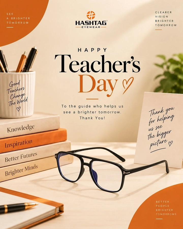 Teachers Day creative ad: Black eyeglasses on a desk with books and stationery