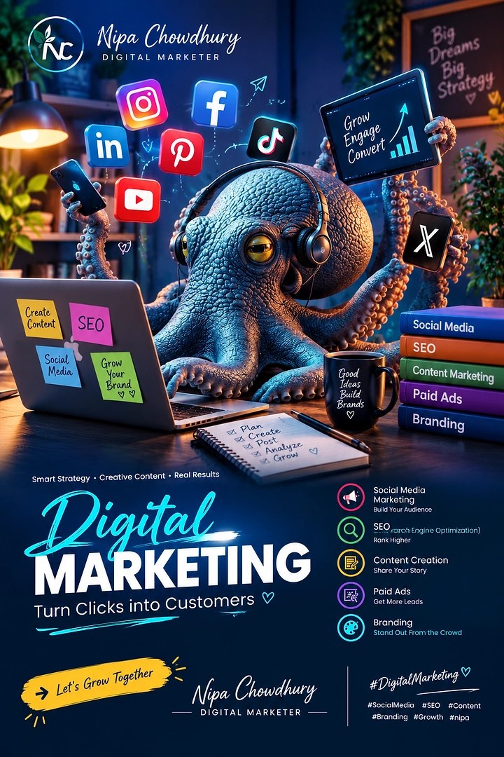 Agency creative ad: Multi-armed octopus juggling marketing channels