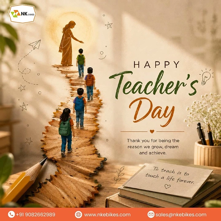 Teachers Day creative ad: Children walking up a pencil-shaving path toward a glowing teacher